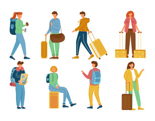 Travellers flat vector illustrations set. Vacation trip. Holiday journey. Standing, sitting full body caucasian people with backpacks and suitcases. Tourists with luggage isolated cartoon characters