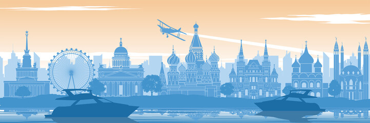Russia famous landmark in back of river and yacht in scenery style silhouette design in blue and orange yellow color