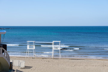 White lifeguard Chairs at the Iho Tewoo Beach, Korea