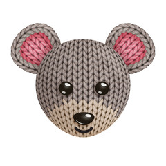 Illustration of a funny knitted mouse toy head. On white background