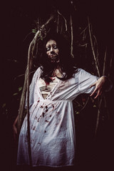 Portrait of asian woman make up ghost face with blood,Horror scene,Scary background,Halloween...