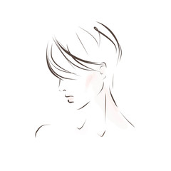 Portrait of young woman with short hair. Hand-drawn illustration on the theme of hairdressing. Sketch, vector.