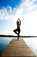 Fototapeta na wymiar girl doing yoga and sports martial arts on a bridge on a lake