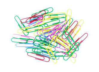 Series of colorful paper clips isolated on a white background. Decorative paper clips in pink, red, green, red and blue colors