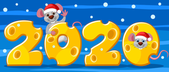 Numbers of cheese with a mouse on a winter background. New year 2020.