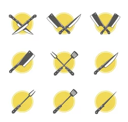 Foto op Canvas Set of bbq and grill tools isolated on white background. Design elements for menu, poster, emblem, sign. Vector monochrome illustration  © Serhii