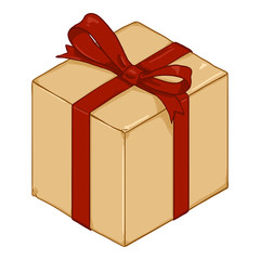Vector Cartoon Brown Gift Box with Red Ribbon and Bow