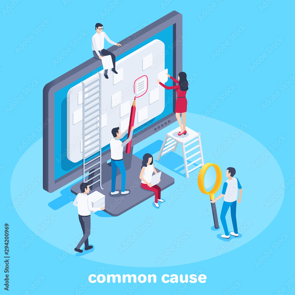 Wall mural isometric vector image on a blue background, men and women near the computer work with data, teamwork and common cause