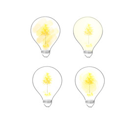 Naklejka premium Light bulbs, colorful maidenhair tree, (ginkgo in Japanese) in lamp, think about beautiful nature travel Idea and Concept, sign symbol in watercolor style, Vector illustration.