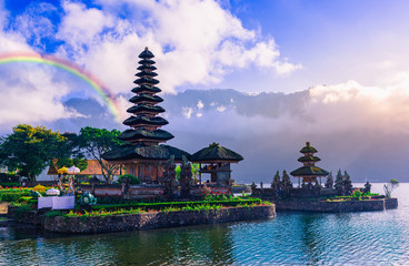 Pura ulun danu bratan temple after morning rain in Bali, Indonesia