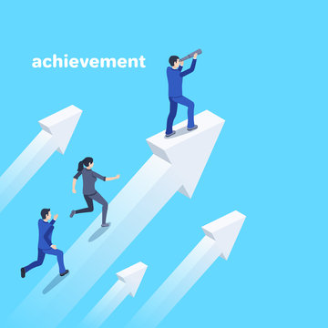 isometric vector image on a blue background, business concept, a man stands on a big arrow and looks through a telescope, people achieve success and go to the goal