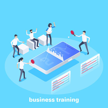 isometric vector image on a blue background, business training, people play ping pong on a smartphone screen, competition between colleagues in the office