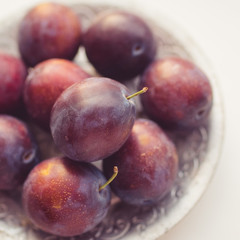 Ripe purple plums in a silver plate closeup. Top view.