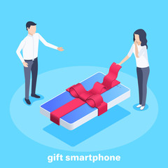 isometric vector image on a blue background, business concept, man gives a woman a smartphone tied with a red ribbon with a bow