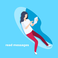 isometric vector image on a blue background, business concept, a girl reads messages on a smartphone screen while sitting in an abstract shape