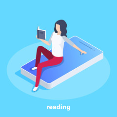 isometric vector image on a blue background, business concept, a girl reads a book while sitting on a smartphone screen, electronic library