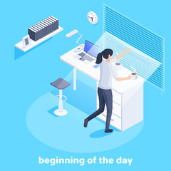 isometric vector image on a blue background, business concept, a girl looks out the window through the blinds standing at the table, the beginning of the day
