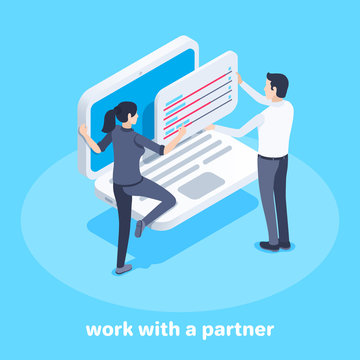 isometric vector image on a blue background, business concept, man and woman work with statistics in pairs, team work with a partner