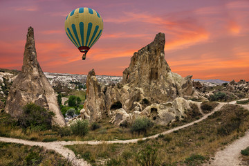 Turkey, Hot air balloon in Cappadocia rock landscape view. Volcanic mountains, Anatolia