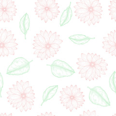 Floral seamless template endless pattern with hand drawn daisy flower gerberas marguerite and green leaves vector illustration