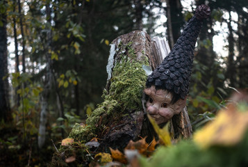 mystic witch figure in the forest surrounded by moss and forest floor