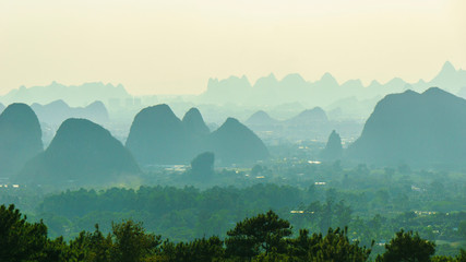 A view from the peak of Yao mountain to Guilin city in Guangxhi province, China