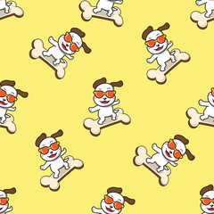 Vector cartoon character cute dog in fashion style sunglasses on big bone sign seamless pattern for design.