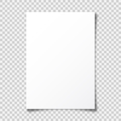 Realistic blank paper sheet with shadow in A4 format on transparent background. Notebook or book page with curled corner. Vector illustration.