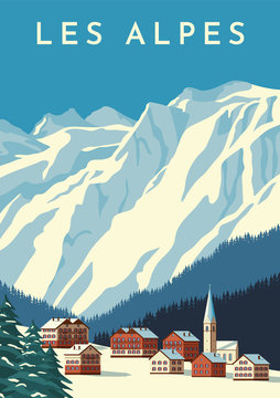Alps travel retro poster, vintage banner. Mountain village of Austria, winter landscape of Switzerland. Flat vector illustration.