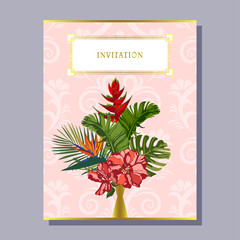 greeting invitation card template design with floral and tropical leaves background, exotic floral design for banner, flyer, invitation, poster, web site or greeting card. Vector illustration