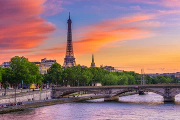 Zelfklevend Fotobehang Sunset view of Eiffel tower and Seine river in Paris, France. Eiffel Tower is one of the most iconic landmarks of Paris. Cityscape of Paris © Ekaterina Belova