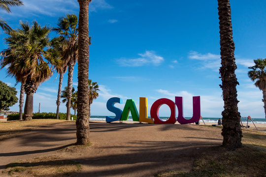 Salou, Spain - April 06, 2019: Colorful text in Llevant beach in Salou, a major tourist destination at summer, in the Catalan Costa Dorada