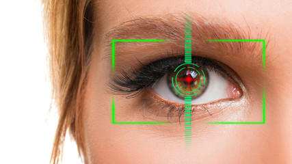 Woman's eye close up. Eye ID concept over white background.