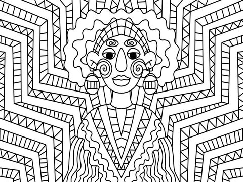 Magical old woman illustration. Latino voodoo fortune-teller with curve hair, rosy cheecks and big earring. Coloring book page outline illustration. One of a series.