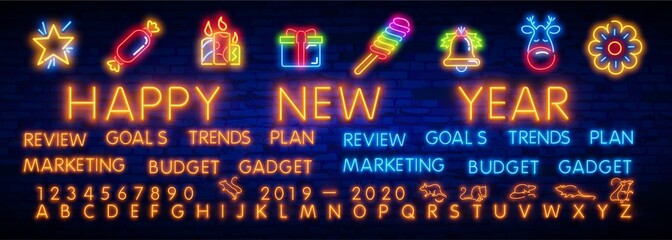 Neon review. 2020 goals, marketing, budget, plan, trends. Set of neon badges. Vector lettering illustration on dark background.