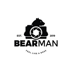 Fototapeta premium Animal bring lens of camera logo vector. Photographer and videographer, fauna head with human body like a happy young guy. vintage rustic grunge look. can apply to icon and wall paper back decoratio