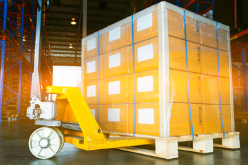 hand pallet truck with goods pallet shipment at warehouse