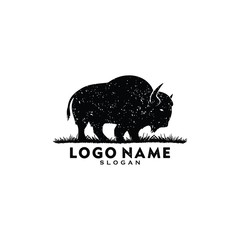 Simple Bison logo vector icon. buffalo bull fight with grass field Silhouette art classic modern look. For cool shirt cloth apparel graphic, game, smart phone app brand. Quiet friendly group gathering © Faris