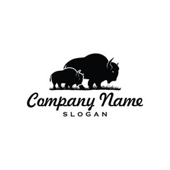 Simple Bison logo vector icon. buffalo bull fight with grass field Silhouette art classic modern look. For cool shirt cloth apparel graphic, game, smart phone app brand. Quiet friendly group gathering