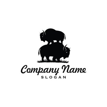 Simple Bison logo vector icon. buffalo bull fight with grass field Silhouette art classic modern look. For cool shirt cloth apparel graphic, game, smart phone app brand. Quiet friendly group gathering