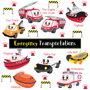 Emergency Transportations cartoon set with vehicles name vector illustration