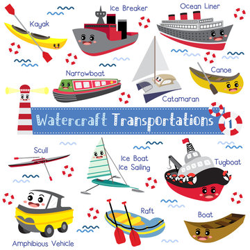 Watercraft Transportations cartoon set with vehicles name vector illustration set 1