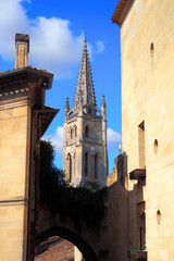 Fototapeta premium bell tower of the medieval city of Saint Emilion, in the Gironde department, in New Aquitaine in southwestern France