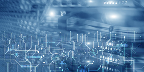 Schematic electronic draft server room information communication technology background. Template design copy space.