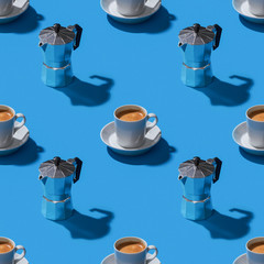 Espresso and moka pot  on blue background seamless pattern stock photo