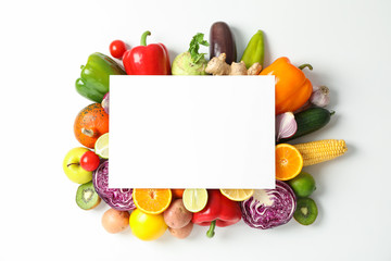 Vegetables, fruits and space for text on white background, top view