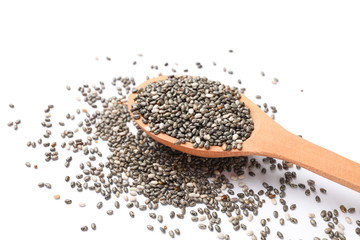 Chia seeds and wooden spoon isolated on white background