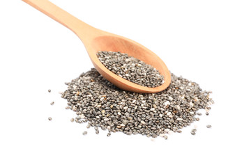 Chia seeds and wooden spoon isolated on white background