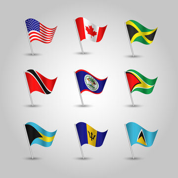 vector set of waving nine flags anglo american states with largest population on silver pole - icon of states usa, canada, jamaica, trinidad and tobago, guyana, belize, bahamas, barbados, sain lucia
