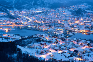Aerial view of Harstad city the small harbour of Norwegian at twilight in winter season, Norway